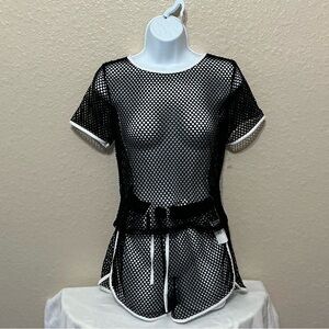 Black Mesh Two-Piece Short Set Beach Coverup for Juniors